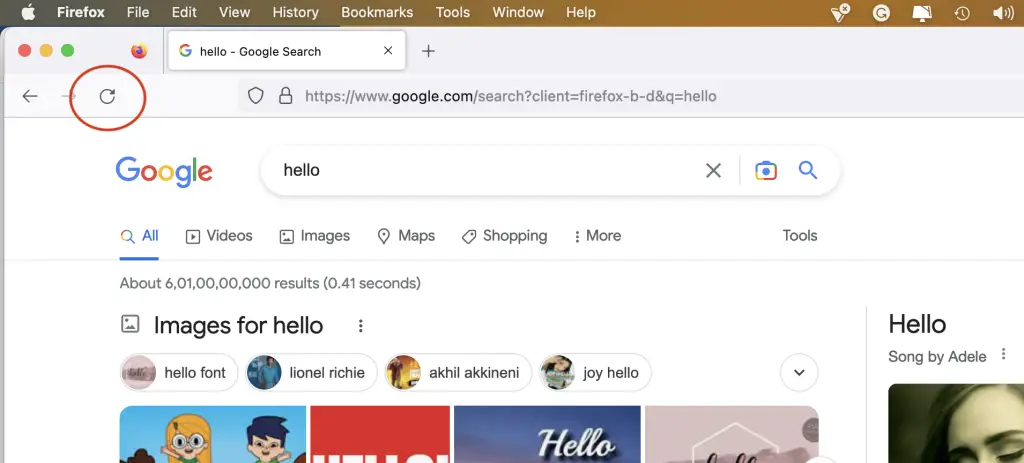 Screenshot of Firefox web browser showing its refresh button