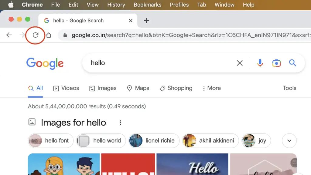 Screenshot of a Google Chrome browser with refresh button highlighted.